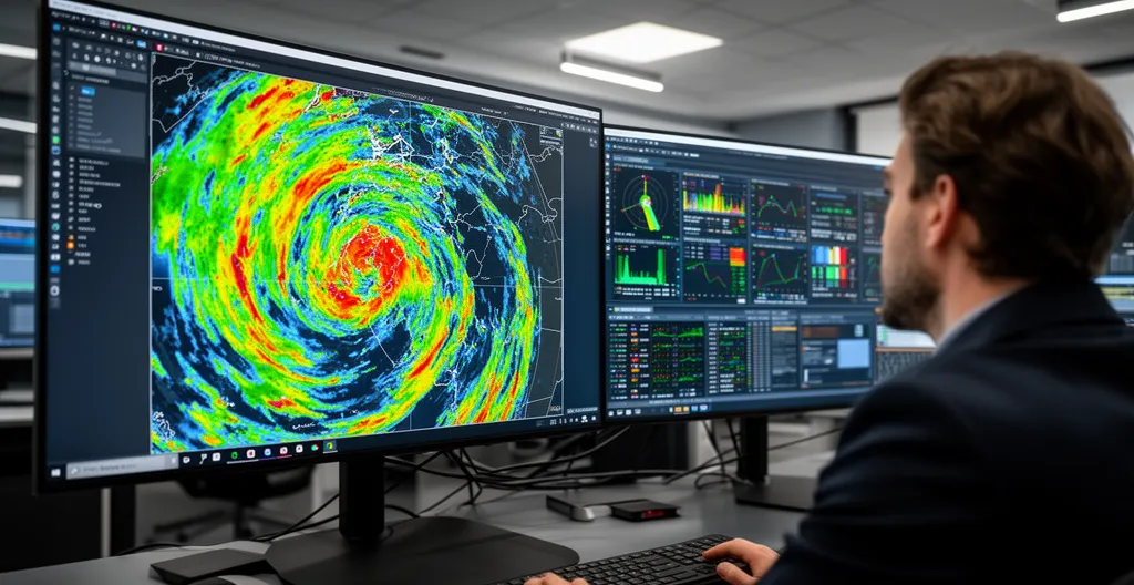 Operatore consulta schermo monitoraggio meteo in sala controllo - sistema allerta fulmini