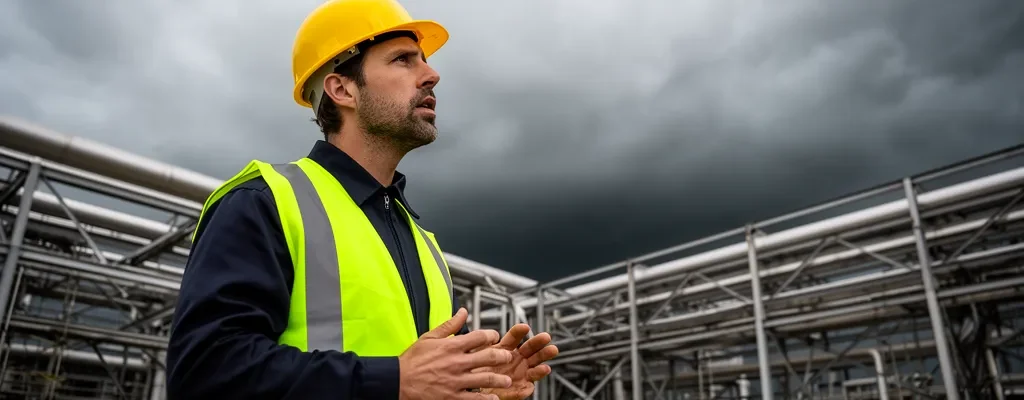 Tecnico sicurezza con casco protettivo osserva cielo nuvoloso in impianto industriale - rilevamento fulmini