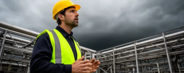 Tecnico sicurezza con casco protettivo osserva cielo nuvoloso in impianto industriale - rilevamento fulmini