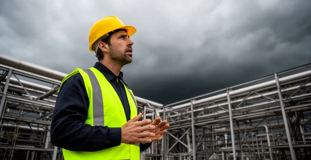Tecnico sicurezza con casco protettivo osserva cielo nuvoloso in impianto industriale - rilevamento fulmini