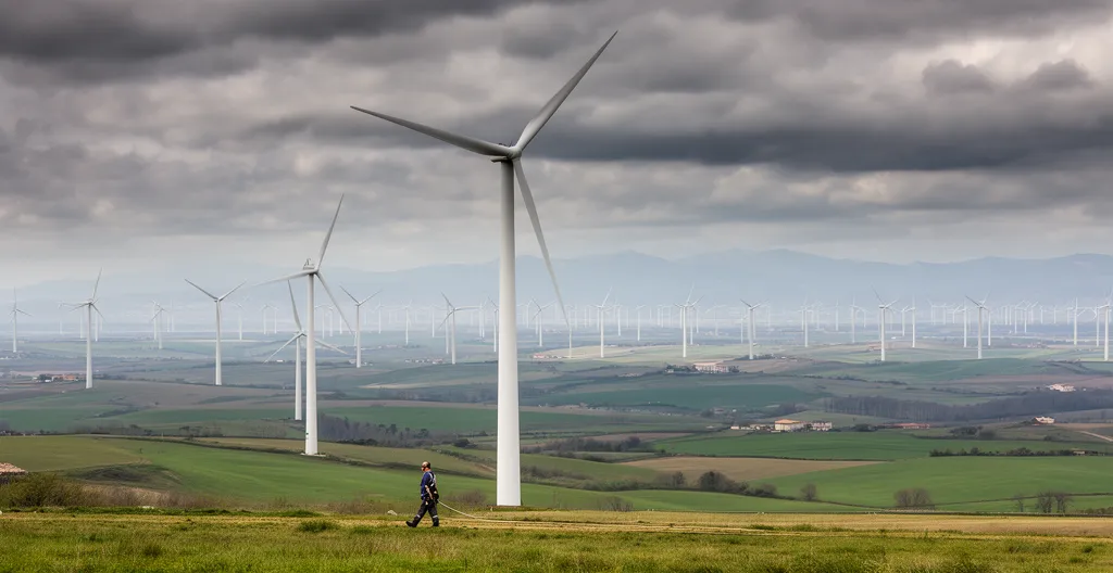 Parco eolico con turbine e cielo nuvoloso - protezione fulmini settore energia