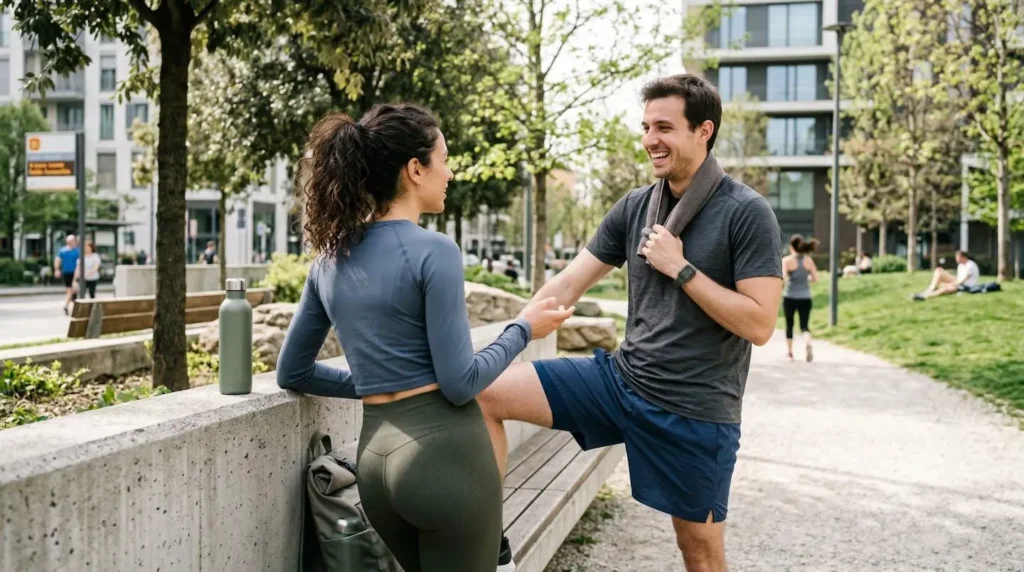 Due atleti in abbigliamento sportivo conversano in un parco urbano dopo un allenamento, ripresi di spalle con luce naturale del pomeriggio