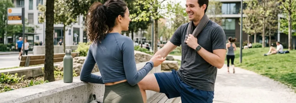 Due atleti in abbigliamento sportivo conversano in un parco urbano dopo un allenamento, ripresi di spalle con luce naturale del pomeriggio