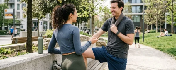 Due atleti in abbigliamento sportivo conversano in un parco urbano dopo un allenamento, ripresi di spalle con luce naturale del pomeriggio