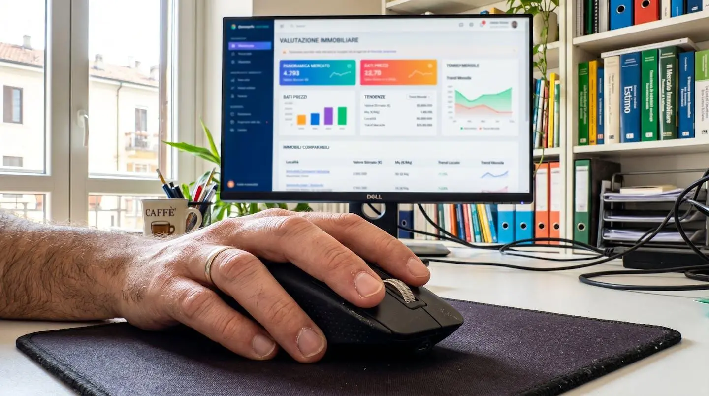 Primo piano ravvicinato di uno schermo di computer che mostra un'interfaccia di valutazione immobiliare con grafici e dati numerici, mano visibile su mouse