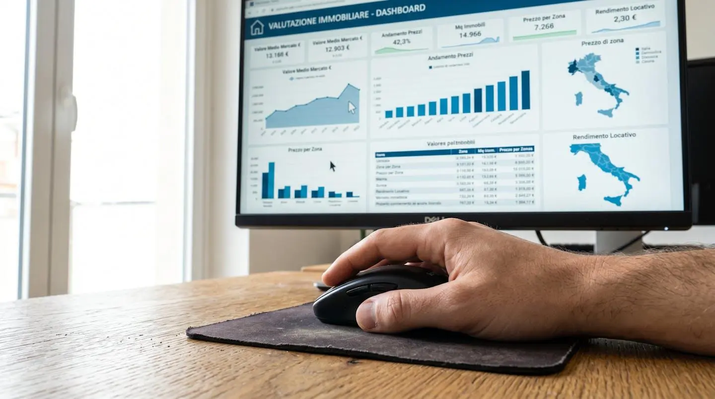 Primo piano ravvicinato di uno schermo di computer che mostra un'interfaccia di valutazione immobiliare con grafici e dati numerici, mano visibile su mouse