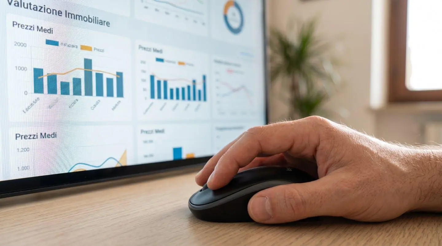 Primo piano ravvicinato di uno schermo di computer che mostra un'interfaccia di valutazione immobiliare con grafici e dati numerici, mano visibile su mouse