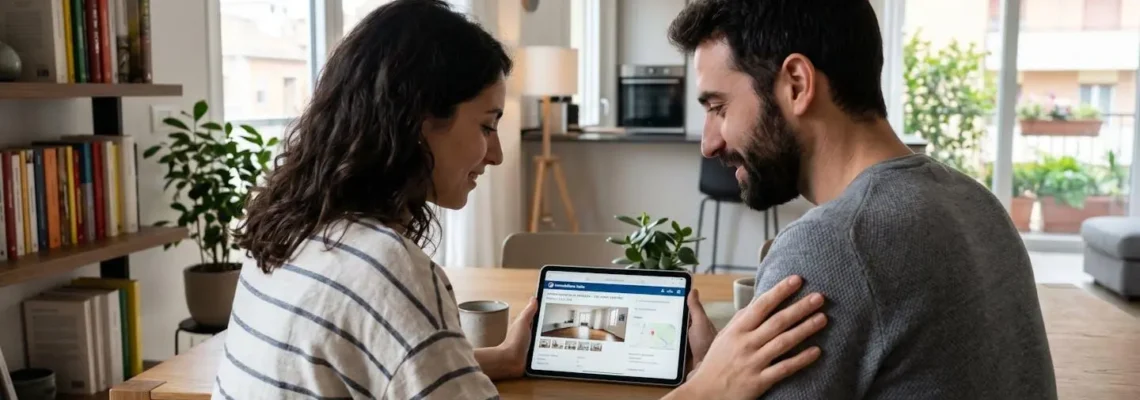 Una coppia italiana di circa quarant'anni consulta insieme un tablet in un soggiorno luminoso e moderno