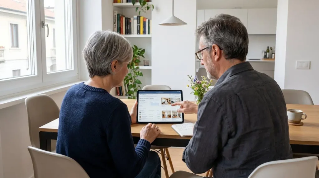 Una coppia italiana di circa quarant'anni consulta insieme un tablet in un soggiorno luminoso e moderno