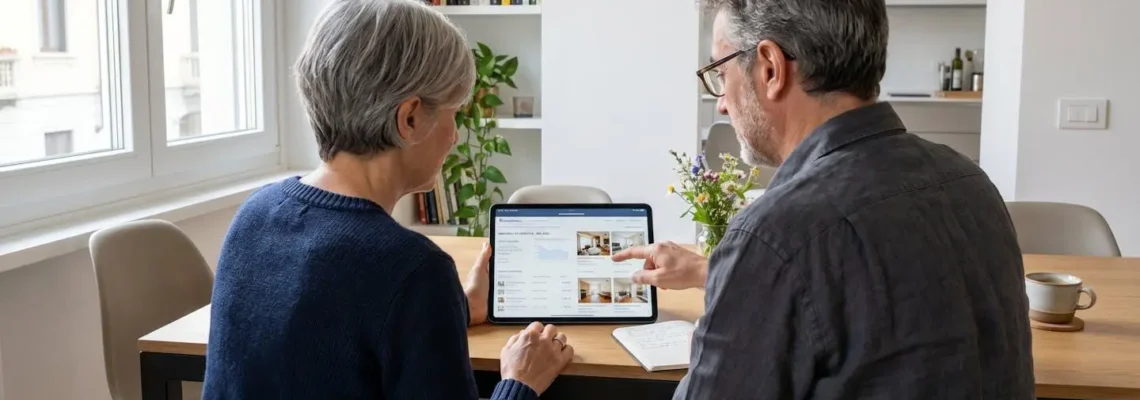 Una coppia italiana di circa quarant'anni consulta insieme un tablet in un soggiorno luminoso e moderno