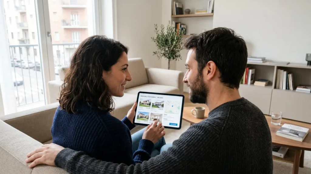 Una coppia italiana di circa quarant'anni consulta insieme un tablet in un soggiorno luminoso e moderno