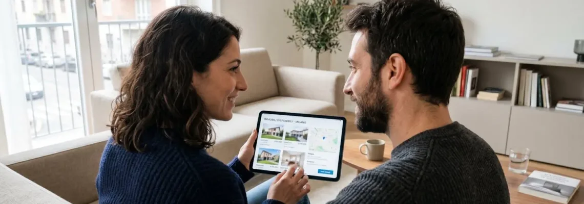 Una coppia italiana di circa quarant'anni consulta insieme un tablet in un soggiorno luminoso e moderno