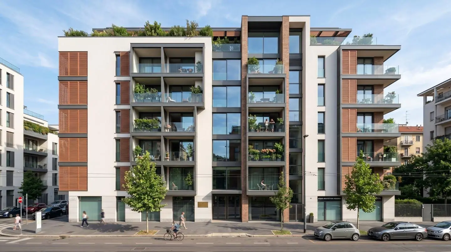 Facciata di un edificio residenziale moderno in stile contemporaneo con ampie vetrate e balconi, luce naturale diurna