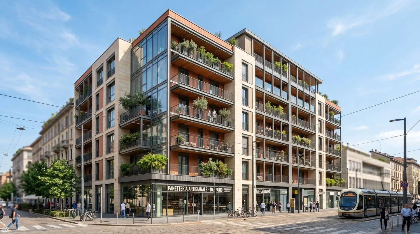 Facciata di un edificio residenziale moderno in stile contemporaneo con ampie vetrate e balconi, luce naturale diurna