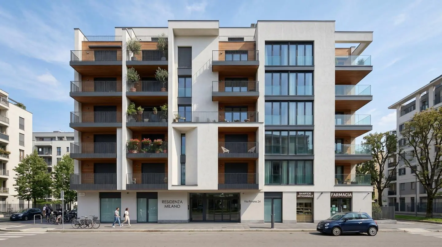 Facciata di un edificio residenziale moderno in stile contemporaneo con ampie vetrate e balconi, luce naturale diurna