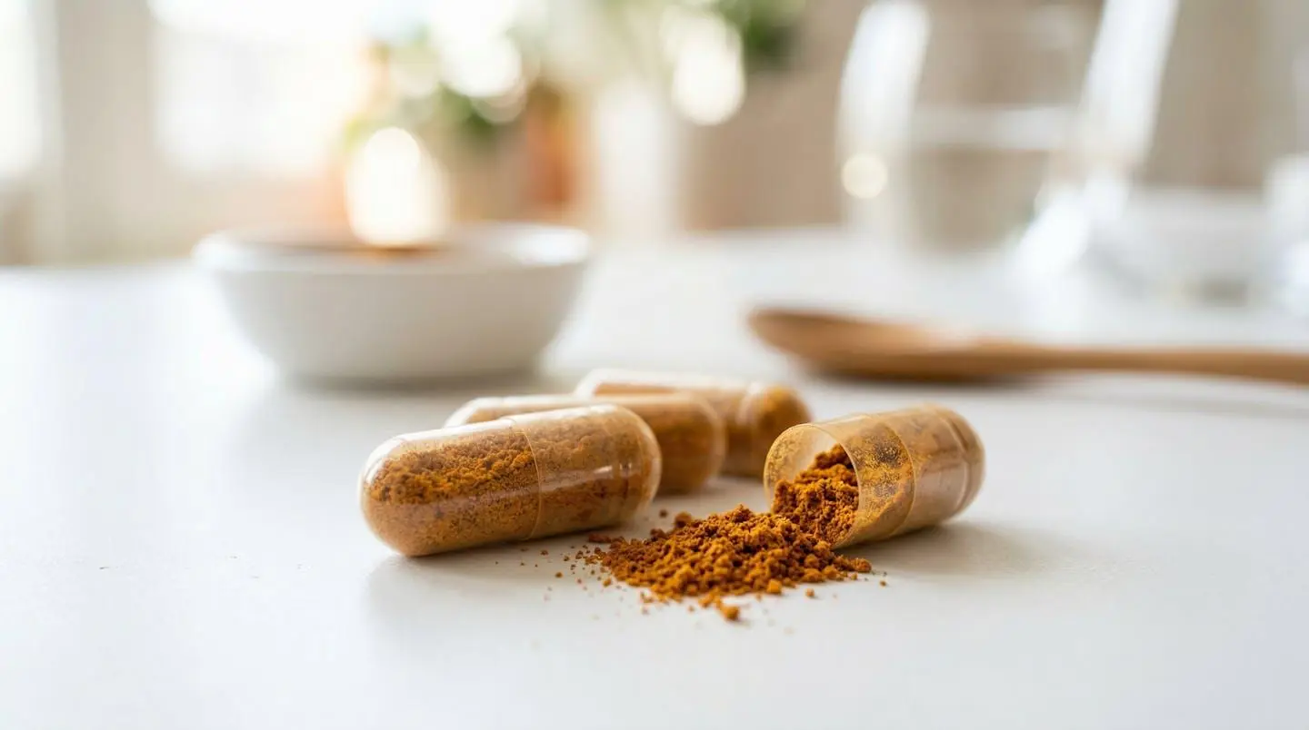 Primo piano ravvicinato di capsule di Cordyceps e polvere marrone chiaro disposti su una superficie bianca pulita, con sfocatura sullo sfondo