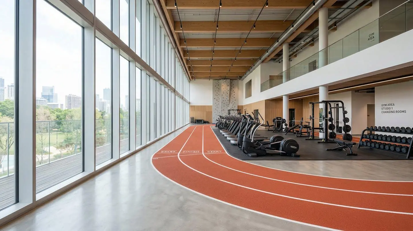 Interno di una palestra moderna con ampi finestroni, pista da corsa vuota, attrezzature sportive pulite e luce naturale diffusa