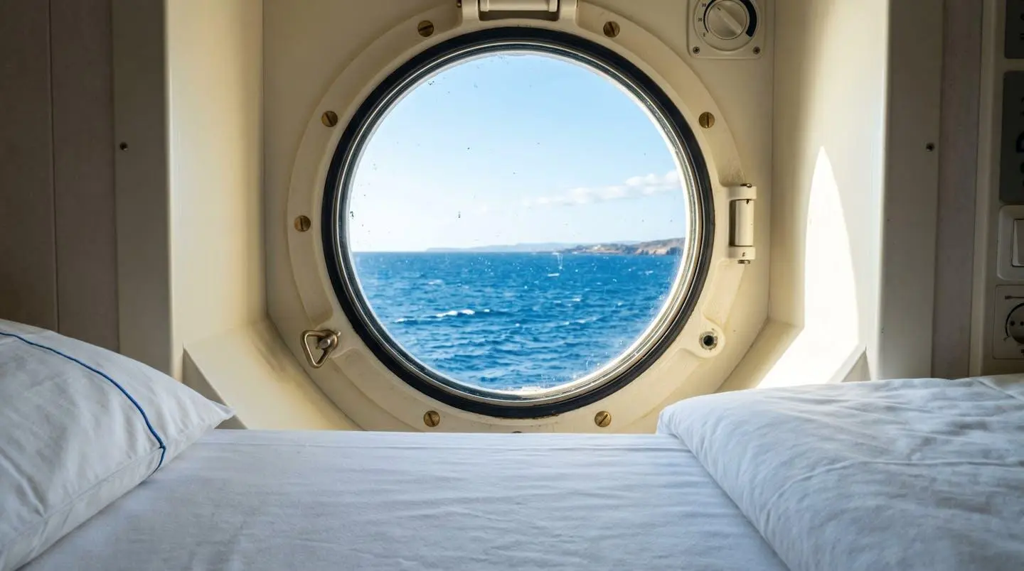 Dettaglio di una cabina moderna di traghetto con oblò rotondo che mostra il mare azzurro e biancheria bianca pulita sul letto