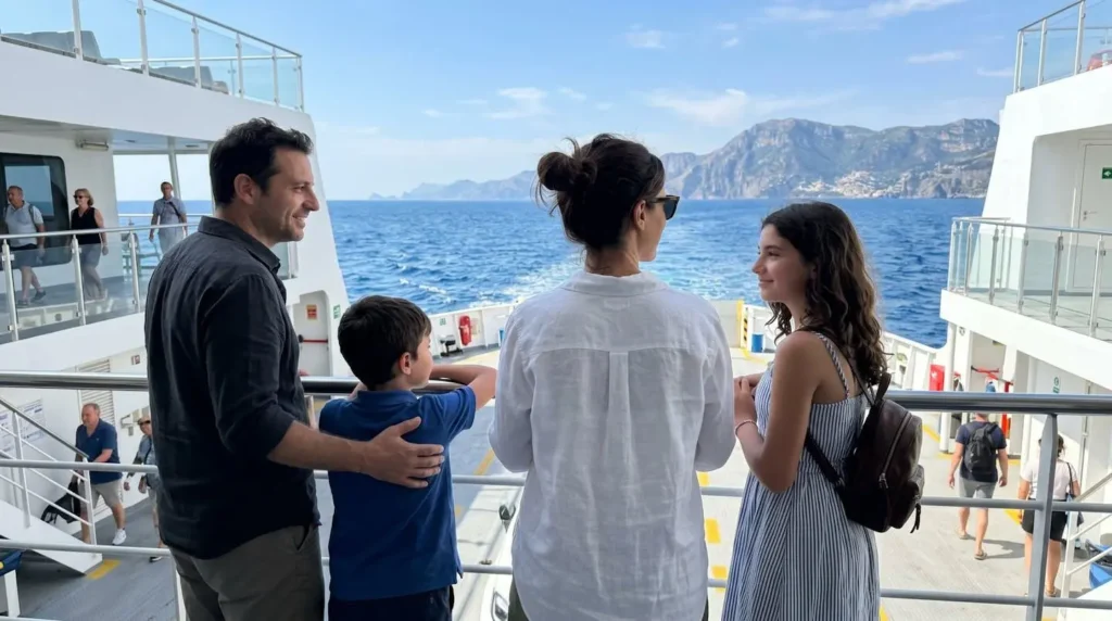 Una famiglia italiana di quattro persone osserva il mare dal ponte esterno di un traghetto moderno durante una traversata diurna