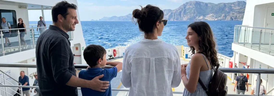Una famiglia italiana di quattro persone osserva il mare dal ponte esterno di un traghetto moderno durante una traversata diurna