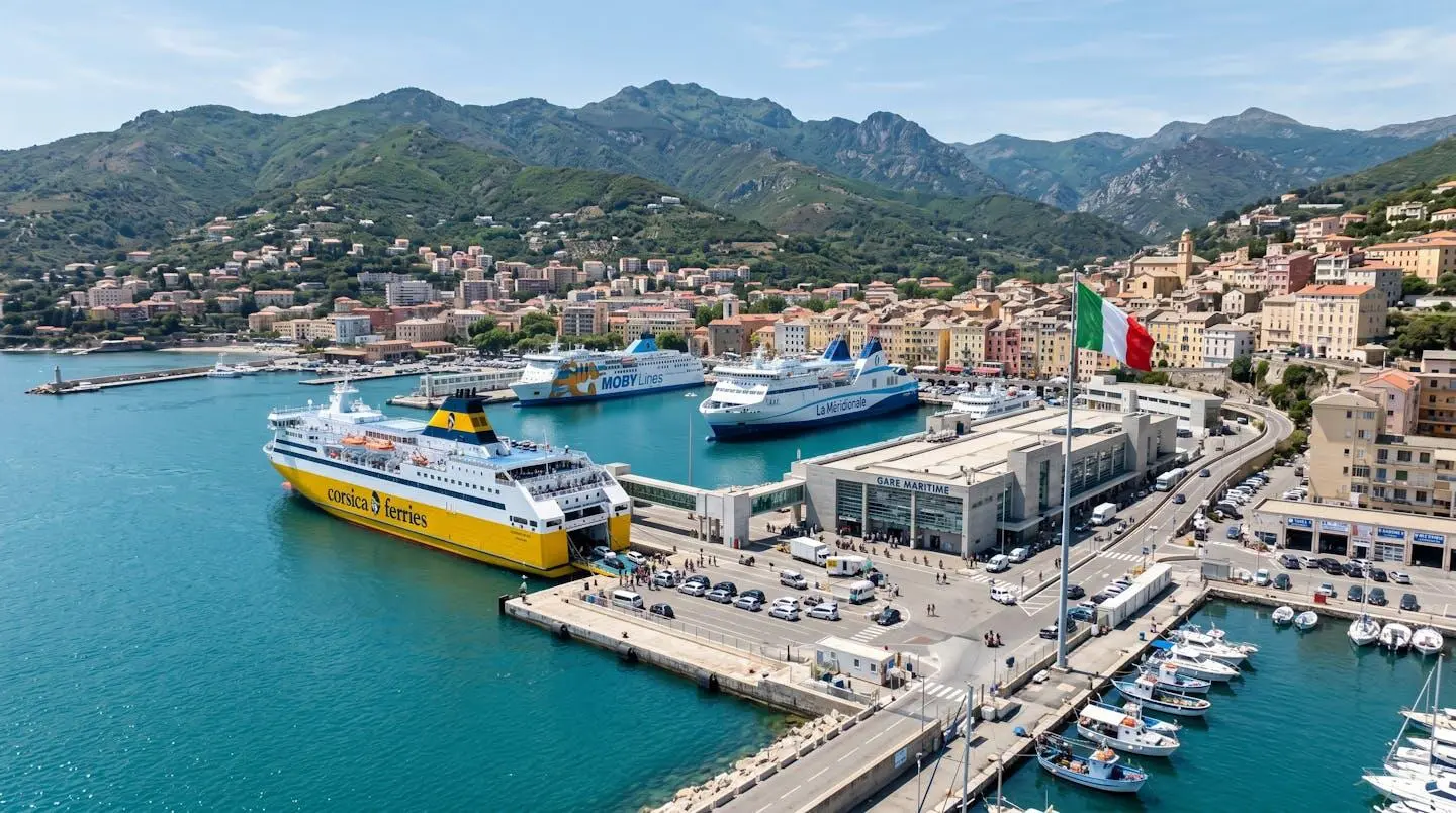 Vista panoramica del porto di Bastia con traghetti ormeggiati al terminal moderno e montagne corse sullo sfondo