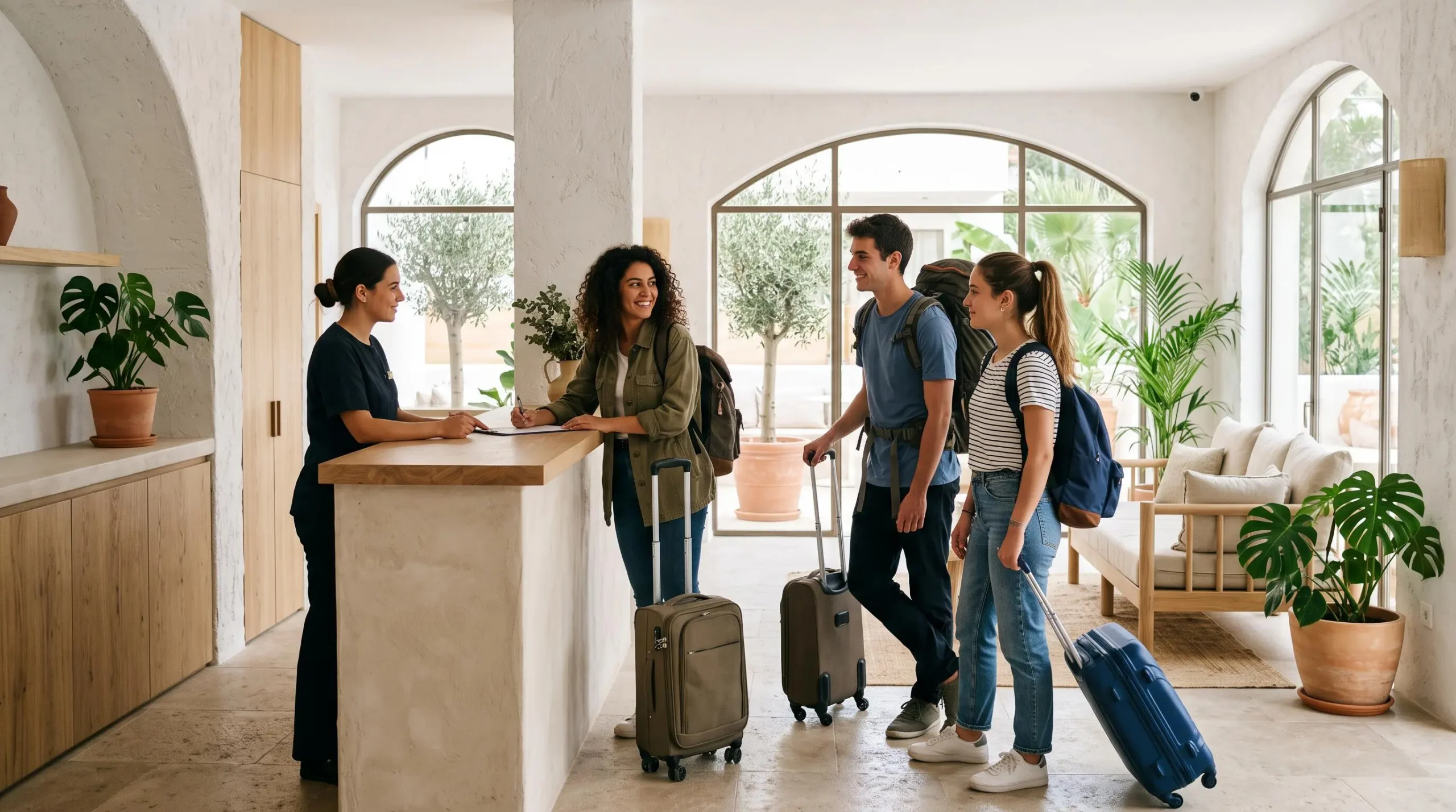 Tre giovani studenti che arrivano alla reception di un hotel moderno a Maiorca con i loro bagagli, in un ambiente luminoso e accogliente