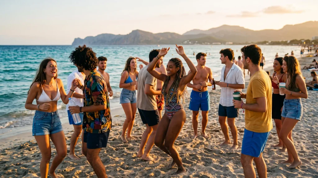 Gruppo di giovani studenti universitari che festeggiano su una spiaggia di Maiorca al tramonto durante un beach party estivo