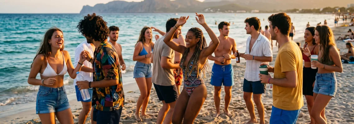 Gruppo di giovani studenti universitari che festeggiano su una spiaggia di Maiorca al tramonto durante un beach party estivo