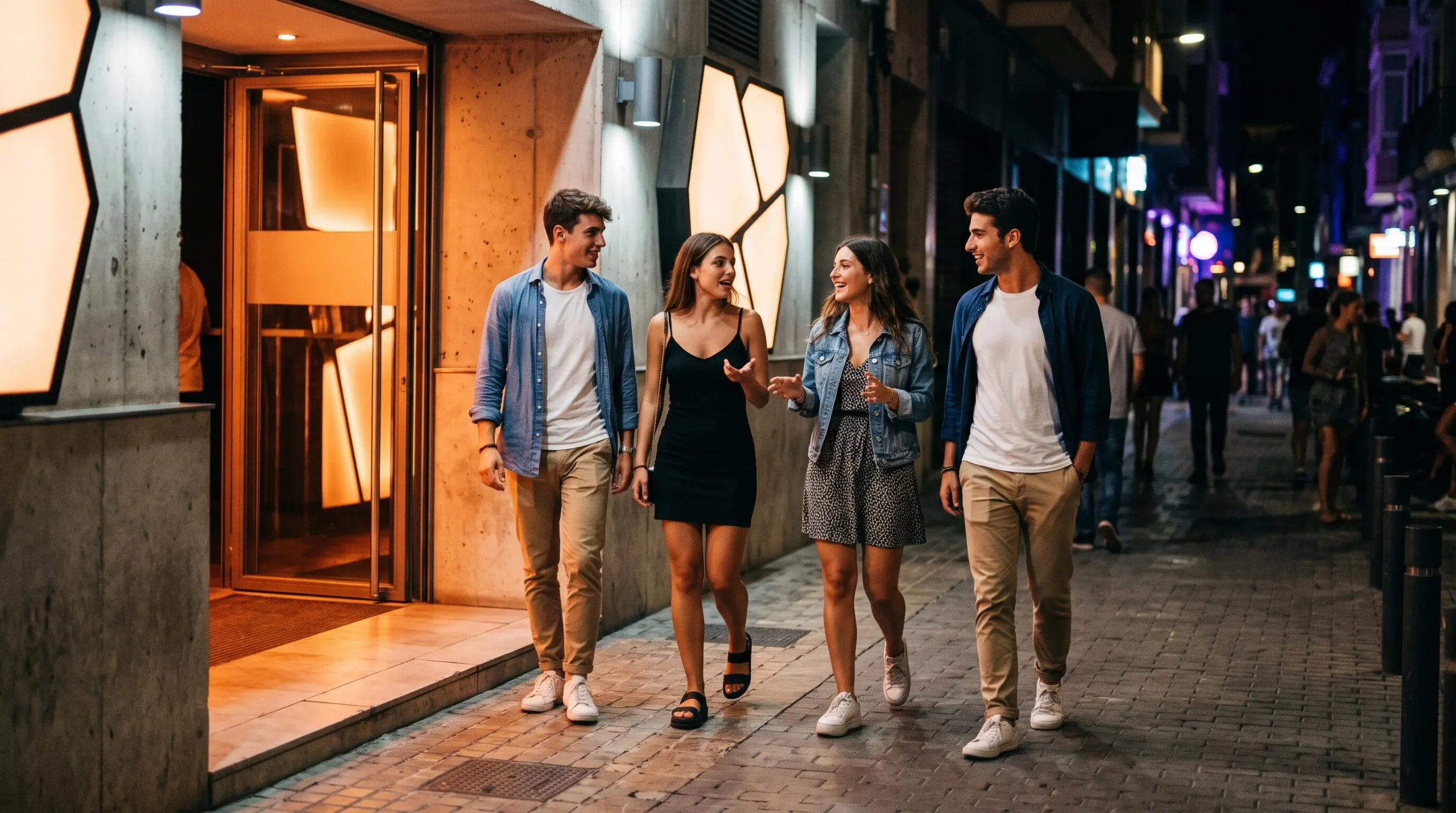 Gruppo di quattro giovani studenti che entrano in un locale notturno moderno a Maiorca durante la sera, illuminati dalle luci dell'ingresso